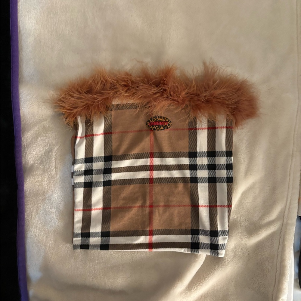 O'Mighty Beige Plaid Top with Faux Fur Trim